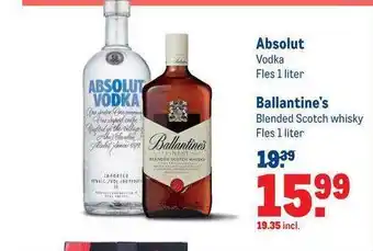 Makro Absolut vodka of ballantine's blended scotch whisky 1 liter aanbieding