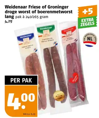 Poiesz Weidenaar Friese of Groninger droge worst of boerenmetworst lang pak à 240/265 gram aanbieding