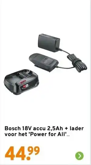 GAMMA Bosch 18V accu 2,5Ah + lader voor het 'Power for All' accuplatform van Bosch, Gardena en o.a. Gloria aanbieding