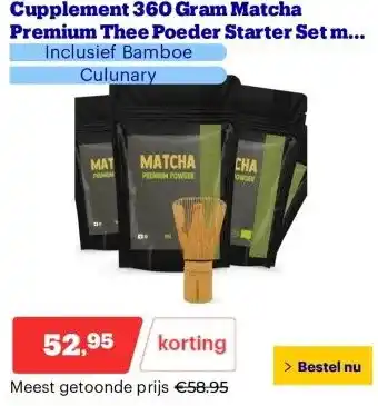 Bol.com Cupplement 360 Gram Matcha Premium Thee Poeder Starter Set met 1 Bamboe Whisk Biologisch aanbieding