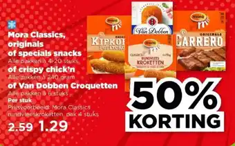 PLUS Mora Classics, originals of specials snacks of crispy chick'n of Van Dobben Croquetten aanbieding