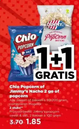 PLUS Chio Popcorn of Jimmy's Nacho 2 go of popcorn aanbieding