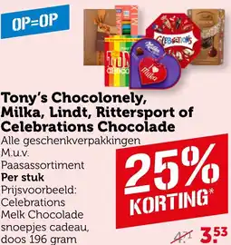 Coop Tony's Chocolonely, Milka, Lindt, Rittersport of Celebrations Chocolade aanbieding