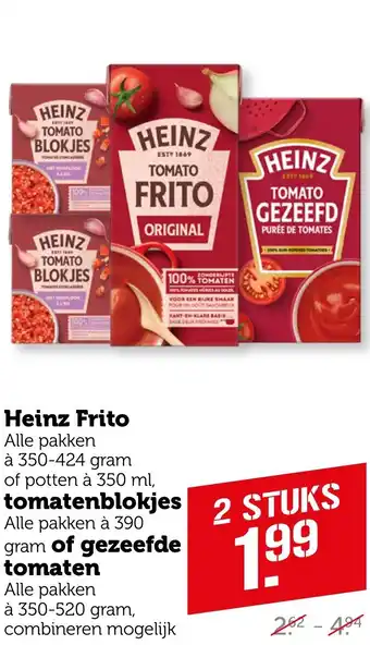 Coop Heinz Frito, tomatenblokjes of gezeefde tomaten aanbieding