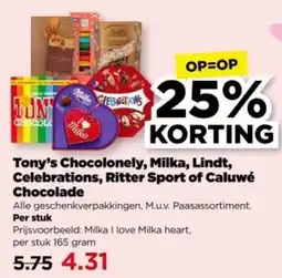 PLUS Tony's Chocolonely, Milka, Lindt, Celebrations, Ritter Sport of Caluwé Chocolade aanbieding