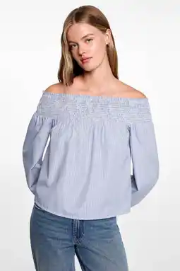 Wehkamp MANGO TEEN gestreepte off shoulder top lichtblauw aanbieding