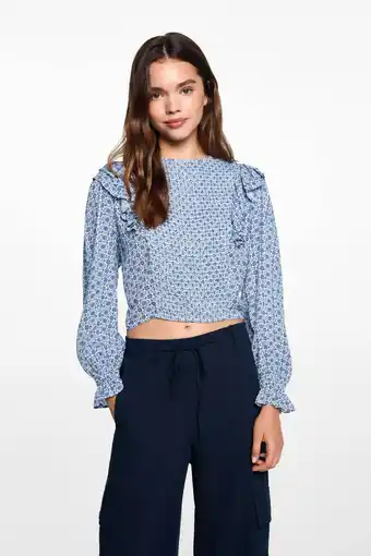 Wehkamp MANGO TEEN top met all over print en ruches blauw/wit aanbieding