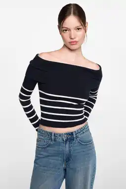 Wehkamp MANGO TEEN gebreide offshoulder trui marine/wit aanbieding