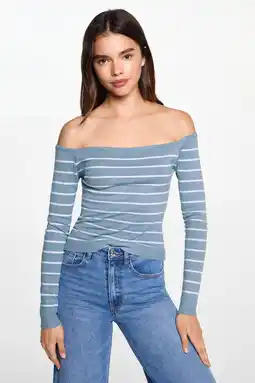 Wehkamp MANGO TEEN gestreepte fijngebreide off shoulder top middenblauw/wit aanbieding