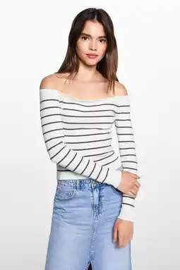 Wehkamp MANGO TEEN gestreepte fijngebreide off shoulder top wit/donkergrijs aanbieding