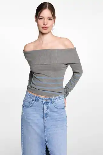 Wehkamp MANGO TEEN gebreide offshoulder trui grijs/lichtblauw aanbieding