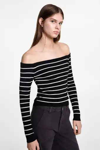 Wehkamp MANGO TEEN gestreepte fijngebreide off shoulder top zwart/wit aanbieding