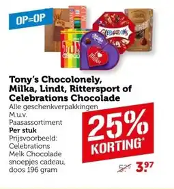 Coop Tony's Chocolonely, Milka, Lindt, Rittersport of Celebrations Chocolade aanbieding