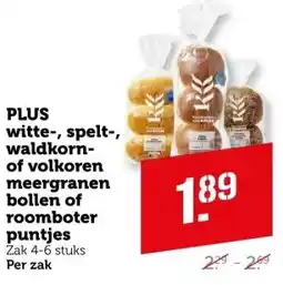 Coop PLUS witte-, spelt-, waldkorn- of volkoren meergranen bollen of roomboter puntjes aanbieding