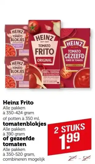 Coop Heinz Frito, tomatenblokjes of gezeefde tomaten aanbieding