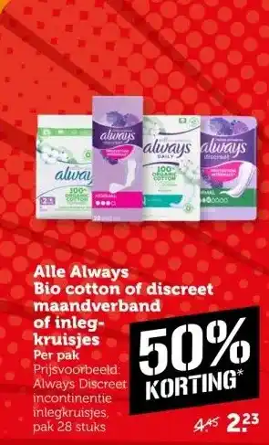 Coop Alle Always Bio cotton of discreet maandverband of inleg- kruisjes aanbieding