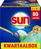 Bol.com Sun - Vaatwascapsules - Brilliant Shine Plus - All-in 1 - met Bio-enzymentechnologie - 80 Vaatwastabletten - Voordeelverpakki aanbieding