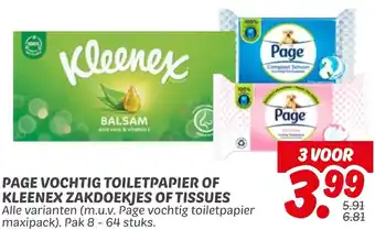 Dekamarkt Page vochtig toiletpapier of kleenex zakdoekjes of tissues aanbieding