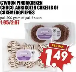 MCD Supermarkt G'WOON PINDAKOEKEN CHOCO, ABRIKOZEN CAKEJES OF CAKEMERGPIJPJES aanbieding