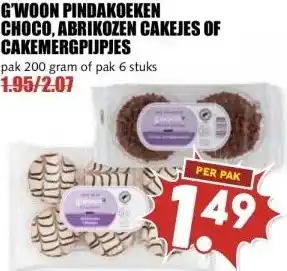 MCD Supermarkt G'WOON PINDAKOEKEN CHOCO, ABRIKOZEN CAKEJES OF CAKEMERGPIJPJES aanbieding