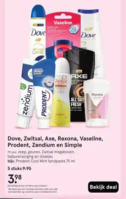 Etos Dove, Zwitsal, Axe, Rexona, Vaseline, Prodent, Zendium en Simple aanbieding