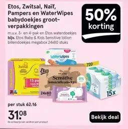 Etos Etos, Zwitsal, Naïf, Pampers en WaterWipes babydoekjes groot-verpakkingen aanbieding