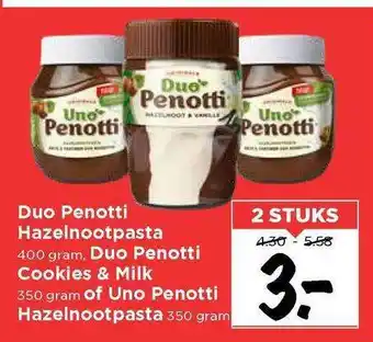 Vomar Voordeelmarkt Duo Penotti Hazelnootpasta, Duo Penotti Cookies & Milk Of Uno Penotti Hazelnootpasta aanbieding