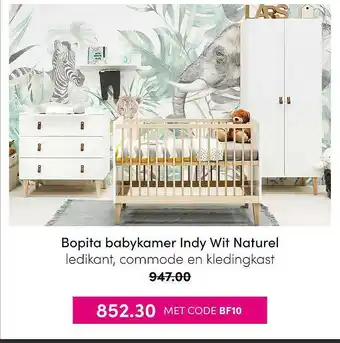 Baby & Tiener Bopita Babykamer Indy Wit Naturel Ledikant, Commode En Kledingkast aanbieding