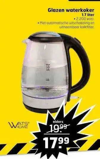 Trekpleister Wats Home Glazen Waterkoker 1.7 Liter aanbieding