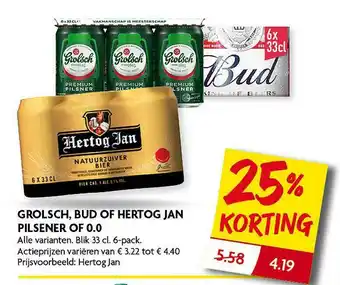 Dekamarkt Grolsch, Bud Of Hertog Jan Pilsener Of 0.0 25% Korting aanbieding