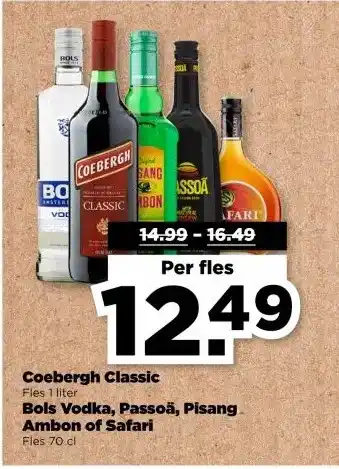 PLUS Coebergh Classic Fles 1 liter Bols Vodka, Passoä, Pisang Ambon of Safari Fles 70.cl aanbieding