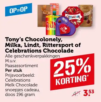 Coop Tony's Chocolonely, Milka, Lindt, Rittersport of Celebrations Chocolade aanbieding