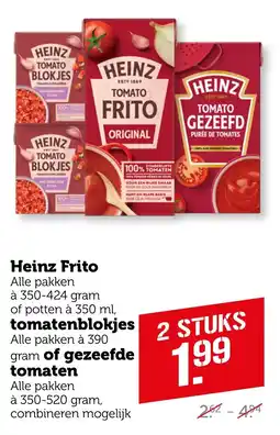 Coop Heinz Frito, tomatenblokjes, gezeefde tomaten aanbieding