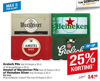 Coop Grolsch Pils, Amstel of Warsteiner Pils, of Heineken Silver aanbieding