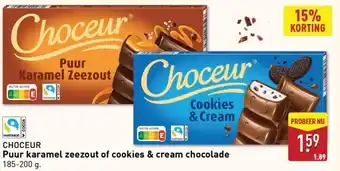 ALDI CHOCEUR Puur karamel zeezout of cookies & cream chocolade aanbieding