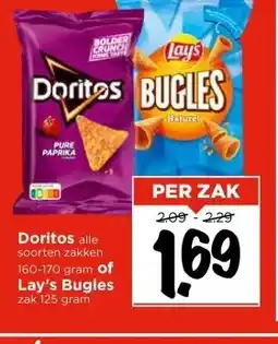 Vomar Voordeelmarkt Doritos alle soorten zakken 160-170 gram of Lay's Bugles zak 125 gram aanbieding