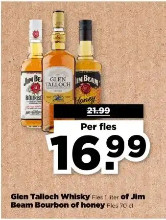 PLUS Glen Talloch Whisky Fles 1 liter of Jim Beam Bourbon of honey Fles 70 cl aanbieding