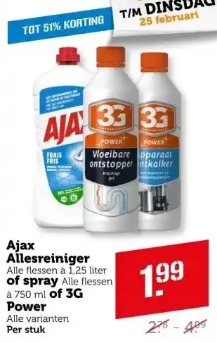 Coop Ajax allesreiniger of spray of 3G power aanbieding