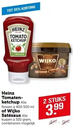 Coop Heinz tomaten ketchup of wijko satesaus aanbieding