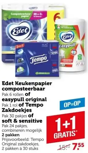 Coop Edet keukenpapier composteerbaar of easypull original of tempo zakdoekjes of soft & sensitive aanbieding