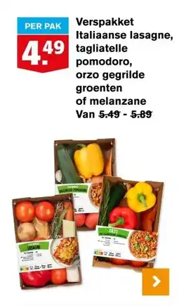 Hoogvliet Verspakket Italiaanse lasagne, tagliatelle pomodoro, orzo gegrilde groenten of melanzane aanbieding