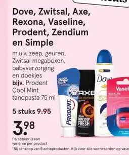 Etos Dove, Zwitsal, Axe, Rexona, Vaseline, Prodent, Zendium en Simple aanbieding