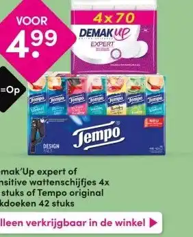 DA Demak'Up expert of sensitive wattenschijfjes 4x 70 stuks of Tempo original zakdoeken 42 stuks aanbieding