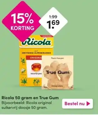 DA Ricola 50 gram en True Gum aanbieding