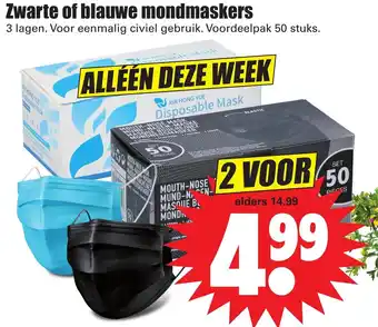 Dirk Zwarte of blauwe mondmaskers 3-laags 2*50st aanbieding