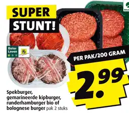 Boni Spekburger, gemarineerde kipburger, runderhamburger bio of bolognese burger aanbieding