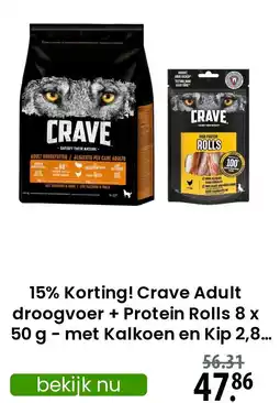 Zooplus Crave Adult droogvoer + Protein Rolls  met Kalkoen en Kip 2,8. aanbieding