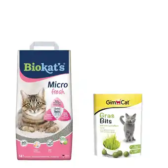 Zooplus 140 g GimCat GrasBits gratis! 14 l Biokat's Micro kattenbakvulling - Fresh aanbieding