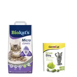 Zooplus 140 g GimCat GrasBits gratis! 14 l Biokat's Micro kattenbakvulling - Classic aanbieding