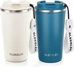 Amazon Geïsoleerde Roestvrij Staal Reis Koffie mok 510ml met Deksel en Riem 2 Pack (Blauw + Crème) aanbieding